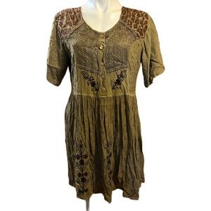 Vintage Khaki brown embroidered boho style dress